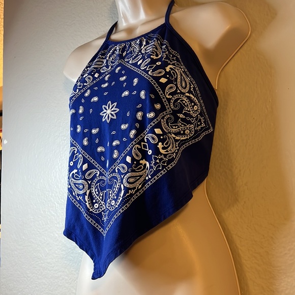 Fashion Magazine Blue Bandanna Halter Tie Top - Picture 3 of 5